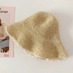 Lace Trim Straw Bucket Hat