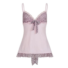 V-Neck Lace-Trim Leopard Panel Ruffled Slim-Fit Camisole Top