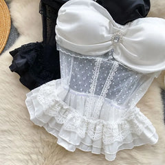 Detachable Strap Plain Rhinestone Peplum Panel Mesh Bustier Top