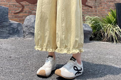 Drawstring Waist Plain Ruffle Cropped Baggy Pants