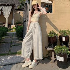 Drawstring Waist Plain Ruffle Cropped Baggy Pants
