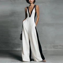 Sleeveless Deep Plunge Two Tone Wide Leg Jumpsuit