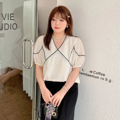 [XL-4XL] Short Sleeve V-Neck Micro Dotted Panel Blouse