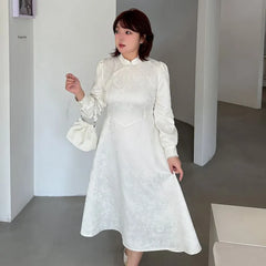 [XL-4XL] Long Sleeve Mandarin Collar Faux Pearl Trim Jacquard Midi A-Line Dress