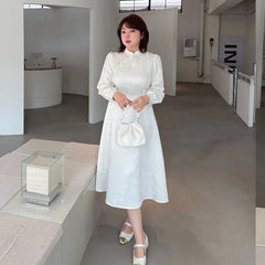 [XL-4XL] Long Sleeve Mandarin Collar Faux Pearl Trim Jacquard Midi A-Line Dress