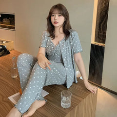 [XL-4XL] Pajama Set: V-Neck Polka Dot Camisole Top + Short-Sleeve Top + Pants