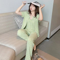 [XL-4XL] Pajama Set: V-Neck Polka Dot Camisole Top + Short-Sleeve Top + Pants