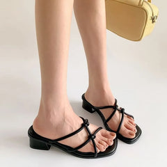 Low Heel Strappy Knot Faux Leather Slide Sandals