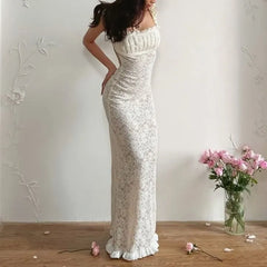 Sleeveless Square Neck Ruched Open Back Lace Maxi Bodycon Dress