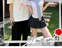 Couple Matching Mock Two-Piece Short-Sleeve Striped Collar Top