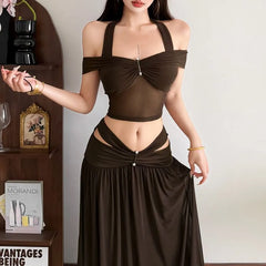 Halter Neck Off-Shoulder Plain Sheer Panel Crop Top / Low Rise Cutout Maxi A-Line Skirt