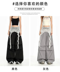 Mid Rise Lace Skirt Overlay Wide Leg Cargo Pants (Various Designs)