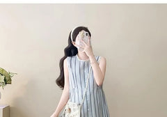 Maternity Sleeveless Round Neck Striped Button Midi A-Line Dress / Drawstring Waist Plain Lace Wide Leg Pants