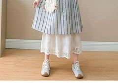 Maternity Sleeveless Round Neck Striped Button Midi A-Line Dress / Drawstring Waist Plain Lace Wide Leg Pants
