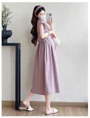 Maternity Cap Sleeve Collared Plain Midi A-Line Shirt Dress