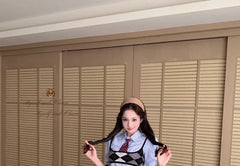 Short-Sleeve Collared Pinstriped Button Up Crop Shirt / Argyle Crop Camisole Top / Neck Tie / Mid Rise Plain Wide Leg Pants / Set
