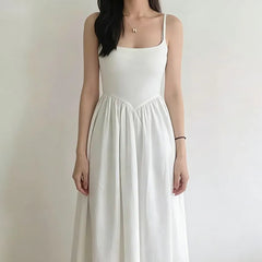 Spaghetti Strap Pleated A-Line Midi Dress