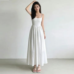 Spaghetti Strap Pleated A-Line Midi Dress