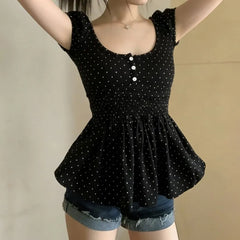 Puff Sleeve Scoop Neck Dotted Ruched Slim-Fit Top