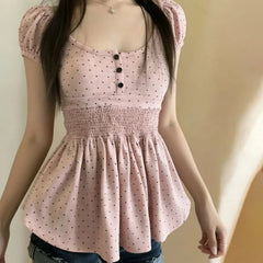 Puff Sleeve Scoop Neck Dotted Ruched Slim-Fit Top