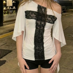 Elbow Sleeve Cold Shoulder Lace Panel Slim-Fit T-Shirt