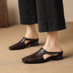 Faux Leather Cutout Chain-Detail Low-Heel Mules