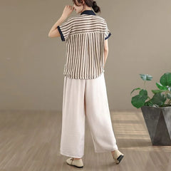 Short-Sleeve Shadow Stripe Shirt / High Waist Wide Leg Pants / Set