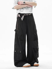 Mid Waist Plain Wide Leg Cargo Pants