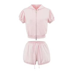 Short-Sleeve Zip-Up Plain Crop Hoodie / Drawstring Waist Hot Pants
