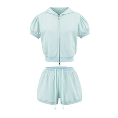 Short-Sleeve Zip-Up Plain Crop Hoodie / Drawstring Waist Hot Pants