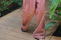 Elastic-Waist Drawstring Striped Straight Cut Pants