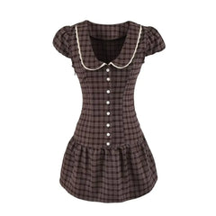 Short-Sleeve Peter Pan Collar Plaid Lace Trim Half-Buttoned Mini A-Line Dress