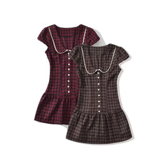 Short-Sleeve Peter Pan Collar Plaid Lace Trim Half-Buttoned Mini A-Line Dress