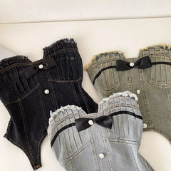 Strapless Frayed Denim Crop Top