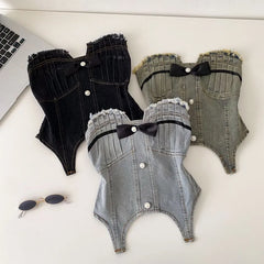 Strapless Frayed Denim Crop Top