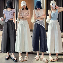 Set: High Waist Plain Frill Trim Cropped Wide Leg Pants + Lace Decorative Hem
