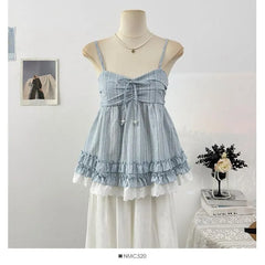 Barcode Striped Ruffle Lace Trim Flowy Camisole Top