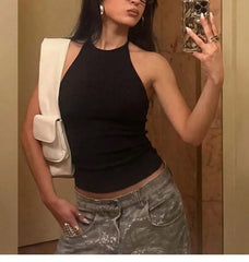 Halter Neck Plain Open-Back Slim-Fit Crop Tank Top