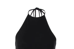 Halter Neck Plain Open-Back Slim-Fit Crop Tank Top