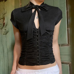 Short Sleeve Tie Collar Dotted Ruched Corset Crop Top