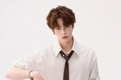 Set: Elbow-Sleeve Pinstriped Button-Up Shirt + Necktie
