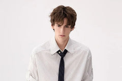 Set: Elbow-Sleeve Pinstriped Button-Up Shirt + Necktie