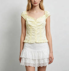 Cap Sleeve V-Neck Plain Ruffled-Trim Slim-Fit Blouse