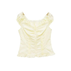 Cap Sleeve V-Neck Plain Ruffled-Trim Slim-Fit Blouse