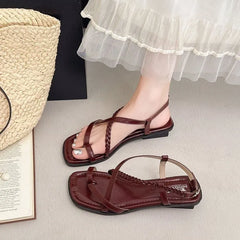 Braided Loop Toe Faux Leather Low Heel Sandals