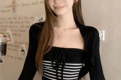 Set: Striped Bow Swimsuit  + Plain Cover Up Jacket