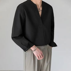 Long-Sleeve V-Neck Plain Textured Shirt