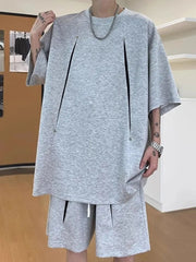 Set: Short-Sleeve Crew Neck Contrast T-Shirt + Wide Leg Shorts