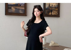 Maternity Short-Sleeve Scoop Neck Plain Midi Smock Dress