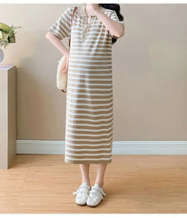 Maternity Short-Sleeve Collar Striped Midi T-Shirt Dress